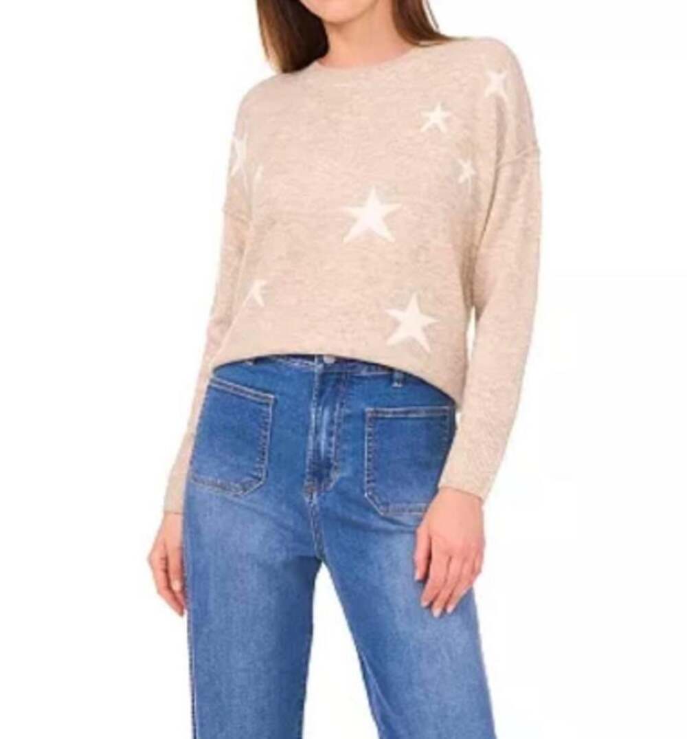Vince Camuto Women's Cozy Crewneck Star-Print Dropped-Shoulder Sweater L